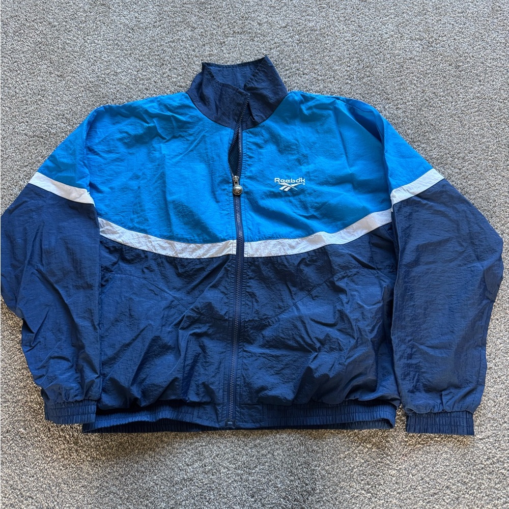 Vintage Reebok Men's Windbreaker in Blue and Navy